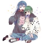  2girls absurdres alternate_costume alternate_hairstyle animal_print bangs bear_print black_eyepatch black_footwear black_sweater blue_legwear chocolate denim eyepatch food green_eyes green_hair highres holding hood hood_down hoodie indian_style jeans long_hair long_sleeves looking_at_viewer mouth_hold multiple_girls mutsuki_tooru panda_print pants pig_print red_legwear shoes short_hair simple_background sitting sleeves_past_fingers sleeves_past_wrists socks sweater tokyo_ghoul tokyo_ghoul:re torn_clothes torn_jeans torn_pants toukaairab white_background white_footwear white_hoodie 