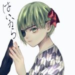  1girl 1other absurdres bangs black_eyepatch black_gloves bow eyebrows_visible_through_hair eyepatch from_side gloves green_eyes green_hair hair_bow hand_up highres holding_hands japanese_clothes kimono looking_at_viewer mutsuki_tooru plaid red_bow red_nails shiny shiny_hair short_hair simple_background solo_focus tokyo_ghoul tokyo_ghoul:re toukaairab translation_request white_background 