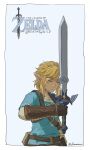  1boy artist_name bangs baomianzi blonde_hair blue_background blue_shirt border brown_gloves closed_eyes closed_mouth copyright_name gloves highres holding holding_sword holding_weapon link male_focus master_sword pointy_ears shirt solo sword the_legend_of_zelda the_legend_of_zelda:_breath_of_the_wild triforce tunic upper_body weapon white_border 