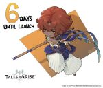  1boy bracer brown_eyes brown_hair chibi copyright copyright_name countdown dark-skinned_male dark_skin dohalim_(tales) earrings english_text jewelry logo official_art pleated_pants ring short_hair smile solo staff tales_of_(series) tales_of_arise 