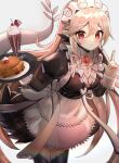  1girl absurdres cappu corrin_(fire_emblem) corrin_(fire_emblem)_(female) cowboy_shot dragon_girl dragon_tail english_commentary eyebrows_visible_through_hair fire_emblem fire_emblem_fates grey_background grey_hair hair_between_eyes highres holding holding_tray long_sleeves maid maid_headdress pointy_ears red_eyes simple_background solo standing tail thigh-highs tray 