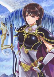  1girl acrylic_paint_(medium) akr369akr armor breastplate brown_hair closed_mouth dress elbow_gloves fingerless_gloves fire_emblem fire_emblem:_path_of_radiance gloves grey_dress grey_eyes grey_gloves headpiece holding holding_reins holding_sheath painting_(medium) pegasus reins sheath sheathed shiny shiny_hair short_hair shoulder_armor sleeveless sleeveless_dress solo sword tanith_(fire_emblem) traditional_media weapon 