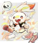  bandaid bandaid_on_nose blush clothed_pokemon commentary_request fang gen_8_pokemon hat hat_removed headwear_removed highres jacket long_sleeves looking_at_viewer nao_(naaa_195) open_mouth orange_eyes pink_footwear pokemon scorbunny shoes shoes_removed sneakers star_(symbol) toes tongue 