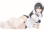  1girl apron bangs black_hair black_panties breasts eyebrows_visible_through_hair highres long_hair looking_at_viewer lying maid maid_apron maid_headdress on_side original panties simple_background solo thigh-highs underwear unimon_e violet_eyes white_background white_legwear wrist_cuffs 