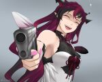  1girl aiming_at_viewer closed_eyes dress gun handgun highres holding holding_gun holding_weapon hololive hololive_english horns irys_(hololive) long_hair multiple_horns open_mouth pistol pointy_ears redhead shaded_face sleeveless sleeveless_dress smile solo swoosh twitter_username upper_body virtual_youtuber weapon 