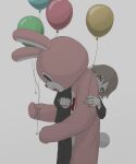  absurdres animal_costume avogado6 balloon black_jacket black_pants blood brown_hair bunny_costume commentary_request cosplay green_eyes highres holding holding_balloon holding_knife jacket kigurumi knife original pants simple_background stab white_background 