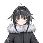  1girl absurdres ahoge arknights black_hair black_jacket blue_eyes chinese_commentary commentary_request eyebrows_visible_through_hair feather_hair frown fur-trimmed_jacket fur_trim hair_intakes hair_ornament hairclip highres jacket la_pluma_(arknights) looking_at_viewer portrait short_hair sidelocks simple_background solo white_background zheng_yu_qi_sheng 