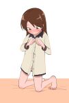  1girl absurdres alternate_costume alternate_hairstyle barefoot brown_eyes brown_hair buttons commentary_request hair_down highres hunehoura kantai_collection kneeling long_hair looking_down shikinami_(kancolle) simple_background sleepwear solo white_background 