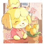  1girl animal_crossing bangs blush_stickers border breast_pocket closed_eyes closed_mouth collared_shirt commentary_request flower indoors isabelle_(animal_crossing) leaf nao_(naaa_195) pink_shirt plant pocket potted_plant shirt short_sleeves smile solo tied_hair white_border yellow_flower 