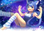  1girl animal_ear_fluff animal_ears bangs bare_arms bare_shoulders barefoot blue_eyes blue_hair blue_swimsuit blush breasts cat_ears cat_girl cat_tail collarbone commentary_request eyebrows_visible_through_hair feet_out_of_frame hair_between_eyes hands_up knee_up kou_hiyoyo leg_warmers lens_flare long_hair multicolored_hair one-piece_swimsuit open_mouth original school_swimsuit small_breasts solo streaked_hair striped sweat swimsuit tail water_drop wavy_mouth 