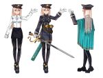  1girl alternate_costume belt bismarck_(kancolle) black_legwear blonde_hair blue_cape breasts brown_belt buttons cape closed_mouth coat double-breasted gloves green_eyes hand_up hat highres holding holding_sword holding_weapon kantai_collection long_hair long_sleeves luicent medium_breasts military military_uniform multiple_views pantyhose scabbard sheath shoes simple_background smile solo sword uniform unsheathed weapon white_background white_gloves 