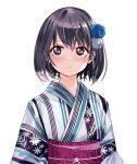  1girl black_hair blue_kimono brown_eyes closed_mouth hair_ornament highres japanese_clothes kimono long_sleeves looking_at_viewer luicent medium_hair pink_sash pom_pom_(clothes) pom_pom_hair_ornament sash simple_background solo upper_body white_background 