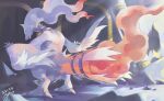  blue_eyes commentary_request dated fangs gen_5_pokemon legendary_pokemon looking_back no_humans open_mouth pokemon pokemon_(creature) reshiram signature solo standing white_fur yu_ikedon 