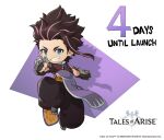  1boy brown_hair chibi copyright copyright_name countdown english_text law_(tales) logo multicolored_hair official_art pink_hair smile solo spiked_knuckles spiky_hair tales_of_(series) tales_of_arise two-tone_hair 