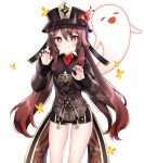  1girl black_headwear black_nails black_shorts brown_hair brown_shirt claw_pose cowboy_shot flower genshin_impact ghost gold_trim gradient_hair grin hat hat_flower highres hu_tao_(genshin_impact) long_hair looking_at_viewer multicolored_hair nail_polish nami_(nyaa) plum_blossoms red_eyes shirt short_shorts shorts simple_background smile solo star-shaped_pupils star_(symbol) symbol-shaped_pupils tailcoat thighs twintails very_long_hair white_background 
