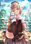  1girl bangs black_legwear blonde_hair blue_eyes building day deerstalker dog eyebrows_visible_through_hair fountain hair_ornament hat highres holding_magnifying_glass hololive hololive_english looking_at_viewer magnifying_glass monocle_hair_ornament necktie shirt short_hair sitting smile solo thigh-highs virtual_youtuber watson_amelia white_shirt xephonia 