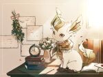  book brown_eyes brown_scarf clock closed_mouth commentary_request desk gen_4_pokemon indoors leafeon nao_(naaa_195) no_humans open_book paper pokemon pokemon_(creature) scarf sitting solo toes 
