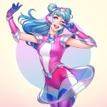  1girl arm_up armor bangs blue_background blue_gloves blue_hair boots breasts cowboy_shot double_bun dress floating_hair gloves gradient_hair green_hair hand_up headgear large_breasts league_of_legends leotard long_hair looking_at_viewer lux_(league_of_legends) multicolored_hair one_eye_closed open_mouth pink_eyes pink_gloves pink_leotard purple_gloves see-through shiny shoulder_armor smile solo space_groove_lux thigh-highs thigh_boots tongue tongue_out tsuaii upper_teeth v white_background white_leotard 