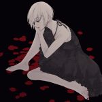  1girl absurdres bangs bare_arms bare_shoulders black_background black_dress commentary_request dress eyepatch frilled_dress frills from_side highres knee_up layered_dress limited_palette mutsuki_tooru nail_polish petals red_nails short_hair sitting sleeveless solo toenail_polish toenails tokyo_ghoul tokyo_ghoul:re toukaairab 