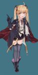  1girl :d ahoge amazon_(azur_lane) azur_lane black_cape black_coat black_footwear black_gloves black_skirt blonde_hair blue_background boots bright_pupils cape coat collared_shirt full_body gloves green_eyes grey_legwear highres index_finger_raised leaning_forward long_hair long_sleeves looking_at_viewer luicent miniskirt neck_ribbon open_mouth pleated_skirt red_neckwear red_ribbon ribbon sanpaku shirt simple_background skirt smile solo thigh-highs twintails two-sided_cape two-sided_fabric untucked_shirt white_pupils white_shirt wing_collar 