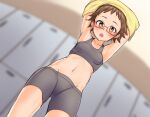  1girl :o armpits arms_up blurry blurry_background blush breasts brown_eyes brown_hair from_below grey_shorts idolmaster idolmaster_cinderella_girls indoors kitagawa_mahiro locker locker_room looking_at_viewer midriff navel red-framed_eyewear riking short_hair shorts small_breasts solo sports_bra standing underwear undressing 