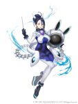  1girl :d animal_ears animal_ears_helmet black_hair bodysuit breasts covered_navel earrings full_body hair_bun hair_pulled_back headwear_removed helmet helmet_removed highres holding holding_helmet jewelry ji_no kaguya_(sinoalice) large_breasts looking_at_viewer official_art open_mouth rabbit_ears sinoalice skin_tight skull smile solo spacesuit square_enix white_background 