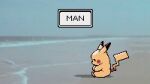  beach english_text from_side gen_1_pokemon kam2d meme no_humans ocean outdoors pikachu pixel_art pokemon pokemon_(creature) sad sitting solo 