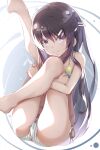  1girl akausuko ass bangs barefoot bikini black_hair clip_studio_paint_(medium) collarbone commentary_request feet_out_of_frame hair_ornament hairclip halterneck highres hugging_own_legs leg_up long_hair looking_at_viewer navel sakurajima_mai seishun_buta_yarou side-tie_bikini simple_background smile solo string_bikini striped striped_bikini swimsuit thighs vertical_stripes violet_eyes younger 