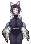  1girl anger_vein angry animal_print breasts bug butterfly butterfly_hair_ornament butterfly_print closed_eyes coffeelove68 hair_ornament haori highres himejima_gyoumei huge_breasts japanese_clothes kimetsu_no_yaiba kochou_shinobu purple_butterfly short_hair smile solo thigh_gap 