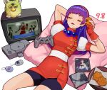  1girl asamiya_athena blush breasts closed_eyes fingerless_gloves gloves hair_ornament hairband jewelry long_hair poppopopqqq psycho_soldier purple_hair red_hairband simple_background skirt sleeping smile solo star_(symbol) star_hair_ornament the_king_of_fighters 
