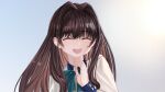  1girl :d big_hair blue_bow blue_neckwear blush bow bowtie brown_hair dot_nose elisia_valfelto facing_viewer hair_intakes hand_up happy long_hair long_sleeves luicent open_mouth original shirt smile solo upper_body white_shirt 