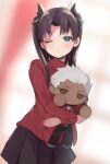  1girl archer_(fate) bangs black_hair black_ribbon black_skirt blue_eyes blush character_doll commentary_request cowboy_shot doll_hug fate/stay_night fate_(series) hair_ribbon highres holding linearmotor long_hair long_sleeves looking_at_viewer object_hug one_eye_closed parted_bangs parted_lips pleated_skirt red_background red_shirt ribbon shirt skirt solo tohsaka_rin two_side_up white_background 