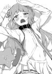 1girl belt_collar blush breasts collar copyright_request cowboy_shot greyscale hands_up highres long_sleeves looking_at_viewer miniskirt monochrome navel open_mouth osame pleated_skirt shirt skirt small_breasts solo star_wand stomach viewer_holding_leash wand white_background 