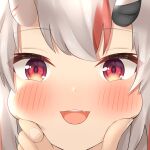  1girl absurdres blush cheek_squash close-up face fang highres hololive horns multicolored_hair nakiri_ayame open_mouth pemoyashi_(tianoblue) red_eyes redhead solo_focus streaked_hair virtual_youtuber white_hair 