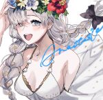  1girl :d a_o_ume anastasia_(fate) bare_shoulders blue_eyes bow braid dress fate/grand_order fate_(series) flower hair_bow hair_ornament highres long_hair open_mouth silver_hair simple_background smile solo star_(symbol) star_hair_ornament swimsuit twin_braids upper_body very_long_hair white_background wreath 