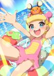  1girl :d absurdres arms_up bare_arms blonde_hair blue_eyes blush bonnie_(pokemon) clouds commentary_request cosplay day dedenne eyelashes gen_1_pokemon gen_6_pokemon highres innertube knees legendary_pokemon light_rays looking_at_viewer on_head open_mouth outdoors pokemon pokemon_(anime) pokemon_(creature) pokemon_on_head pokemon_xy_(anime) short_hair sky slowbro slowbro_(cosplay) smile spread_fingers taisa_(lovemokunae) teeth tongue water zygarde zygarde_core 