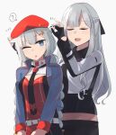  2girls :o ? ak-12_(girls&#039;_frontline) animal_ears bangs belt beret black_gloves black_neckwear black_ribbon blue_eyes blue_jacket braid breasts cat_ears closed_eyes eyebrows_visible_through_hair fingerless_gloves flower-shaped_pupils french_braid girls_frontline gloves grey_hair hair_ornament hair_ribbon hairclip hand_on_ear hat hat_ornament highres hinami047 holding holding_hair jacket long_hair looking_at_viewer low_twintails multiple_girls necktie one_eye_closed open_clothes open_jacket open_mouth ots-12_(girls&#039;_frontline) partially_fingerless_gloves red_headwear ribbon russian_flag silhouette silver_hair soviet_flag standing star-shaped_pupils star_(symbol) star_hair_ornament star_hat_ornament symbol-shaped_pupils tactical_clothes twin_braids twintails very_long_hair white_background white_belt 