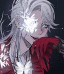  1boy gloves grey_hair highres medium_hair naib_subedar one_eye_covered open_mouth red_gloves red_shirt shirt smile solo sparkle stitched_mouth stitches t731i 