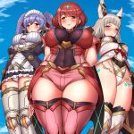  3girls android animal_ears bangs black_gloves blunt_bangs breasts cat_ears chest_jewel earrings facial_mark fingerless_gloves gloves highleg highleg_leotard jewelry large_breasts leotard long_hair low_twintails maid nia_(blade)_(xenoblade) nia_(xenoblade) poppi_(xenoblade) poppi_qt_(xenoblade) pyra_(xenoblade) red_eyes red_legwear red_shorts redhead short_hair short_shorts shorts silver_hair swept_bangs thigh-highs tiara twintails tyranu very_long_hair xenoblade_chronicles_(series) xenoblade_chronicles_2 yellow_eyes 