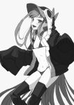 1girl :d bikini blush breasts fate/grand_order fate_(series) greyscale highres hood hood_up long_hair long_sleeves looking_at_viewer meltryllis_(fate) monochrome open_mouth osame simple_background sleeves_past_fingers sleeves_past_wrists small_breasts smile solo swimsuit thigh-highs very_long_hair white_background 