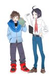  2boys :d ahoge belt belt_buckle black_belt black_hair black_legwear black_shirt blue_jacket blue_pants book brown_eyes brown_footwear brown_hair buckle cheren_(pokemon) collared_shirt commentary_request grey_pants hagetapo hand_in_pocket hand_on_hip hilbert_(pokemon) holding holding_book jacket long_sleeves looking_at_viewer male_focus multiple_boys necktie open_mouth pants paper pokemon pokemon_(game) pokemon_bw pokemon_bw2 red_footwear shirt shoes short_hair simple_background sleeves_rolled_up smile socks standing white_background white_shirt 