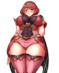  1girl bangs black_gloves breasts chest_jewel earrings fingerless_gloves gloves jewelry large_breasts pyra_(xenoblade) red_eyes red_legwear red_shorts redhead short_hair short_shorts shorts solo swept_bangs thigh-highs tiara tyranu xenoblade_chronicles_(series) xenoblade_chronicles_2 