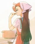  1girl aozora_middle_school_uniform apron closed_mouth collared_shirt cooking green_sailor_collar grey_background holding long_hair pleated_skirt precure profile red_apron redhead sailor_collar sailor_shirt school_uniform shirt short_sleeves skirt solo takizawa_asuka tropical-rouge!_precure very_long_hair violet_eyes white_shirt yuzu_sato 