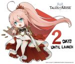  1girl armor armored_dress blue_eyes bullet chibi copyright copyright_name countdown dress english_text gun logo looking_at_viewer official_art open_mouth pink_hair ponytail rifle shionne_(tales) solo tales_of_(series) tales_of_arise thick_thighs thigh-highs thighs weapon white_legwear 