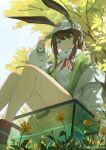  1girl adjusting_clothes adjusting_headwear amiya_(arknights) amiya_(seeder)_(arknights) animal_ears arknights bare_legs baseball_cap blue_eyes brown_hair ears_through_headwear feet_out_of_frame flower green_jacket hat highres jacket looking_ahead looking_at_viewer official_alternate_costume orange_neckwear rabbit_ears sitting smile solo thigh_strap weibo_username white_headwear white_jacket xiang_wan_wei_wan yellow_flower 