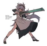  1boy alternate_costume apron bangs black_dress crossdressing dress enmaided eyebrows_visible_through_hair genshin_impact greatsword grey_hair hair_between_eyes highres holding holding_sword holding_weapon long_hair long_sleeves maid male_focus pink_eyes razor_(genshin_impact) romaji_text scar scar_on_face simple_background socks solo standing sword torn_clothes translation_request u0rei weapon white_apron white_background white_legwear 