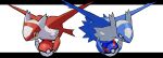  absurdres af_(afloatisland) claws closed_mouth gen_3_pokemon great_ball highres holding holding_poke_ball latias latios legendary_pokemon letterboxed no_humans poke_ball poke_ball_(basic) pokemon pokemon_(creature) red_eyes white_background yellow_eyes 