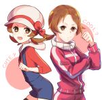 1girl :d blue_overalls blush bow brown_eyes brown_hair cabbie_hat clenched_hand closed_mouth commentary_request delta_nonbiri eyelashes hat hat_bow highres long_hair looking_at_viewer lyra_(pokemon) multiple_views open_mouth overalls pokemon pokemon_(game) pokemon_hgss red_bow red_shirt shirt smile tied_hair twintails upper_teeth white_headwear 