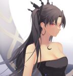  1girl absurdres bangs bare_shoulders black_hair black_ribbon closed_mouth collarbone crescent_necklace earrings eyebrows_visible_through_hair fate/grand_order fate_(series) hair_ribbon heavenly_boat_maanna highres hoop_earrings ishtar_(fate) ishtar_(fate)_(all) jewelry long_hair looking_at_viewer parted_bangs red_eyes ribbon solo strapless tr_(hareru) tube_top two_side_up upper_body white_background 