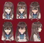  1girl blue_bow blue_eyes blue_neckwear blush bow bowtie brown_hair closed_mouth collared_shirt elisia_valfelto expressions facing_viewer hair_between_eyes hair_intakes highres long_hair luicent open_mouth original profile red_background shirt simple_background smile solo tears white_shirt wide-eyed 